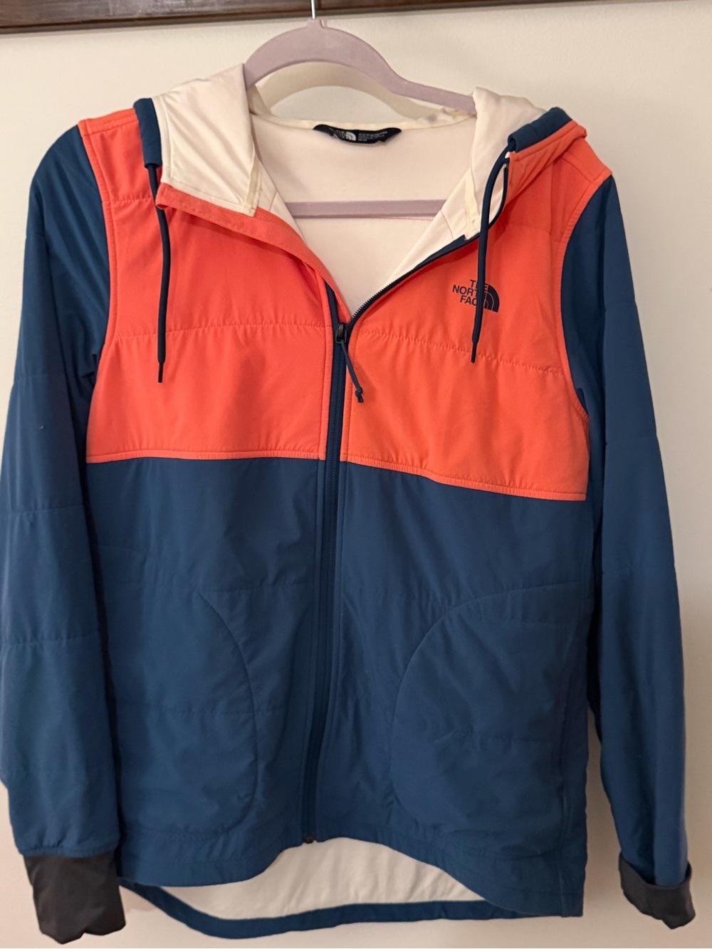 The North Face Women's Hooded Colorblock Jacket in Coral & Deep Blue